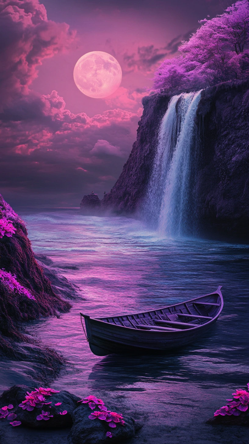 Dreamlike Boat Sailing Across A Surreal Pink Moonscape