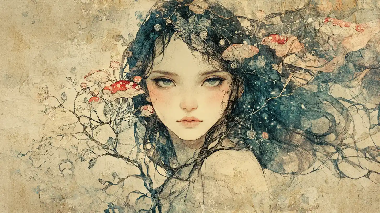 Surreal maiden holding glowing fungi on a dissolving gown