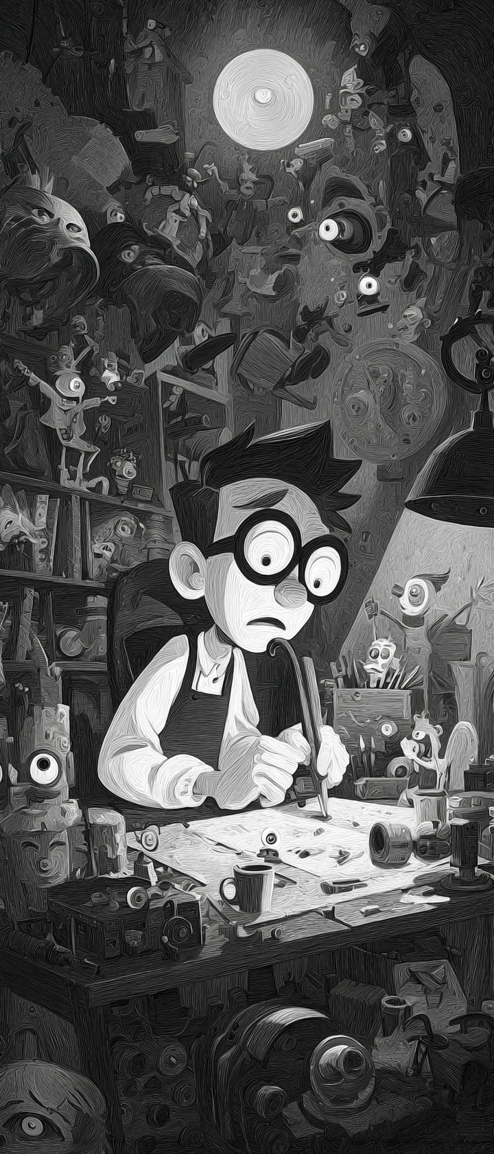 Clockwork toymaker working by candle in midnight workshop