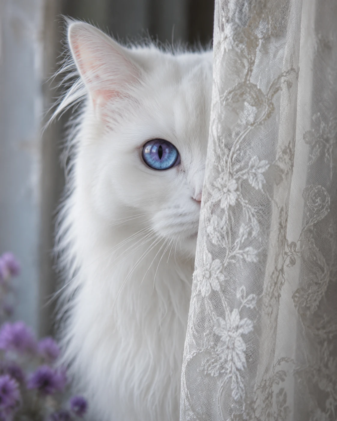 White long haired cat peeking from behind a sheer curtain