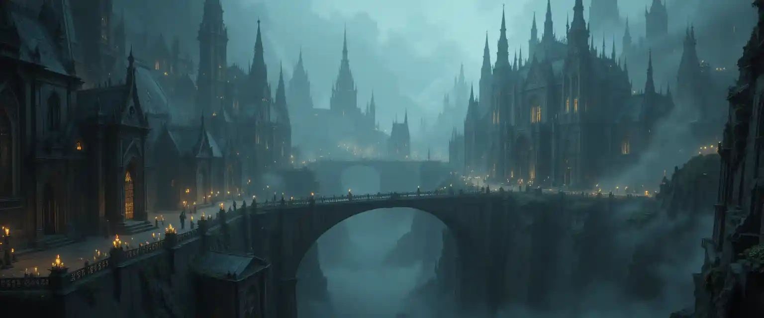 Gothic fantasy city built into a vast cliffside void