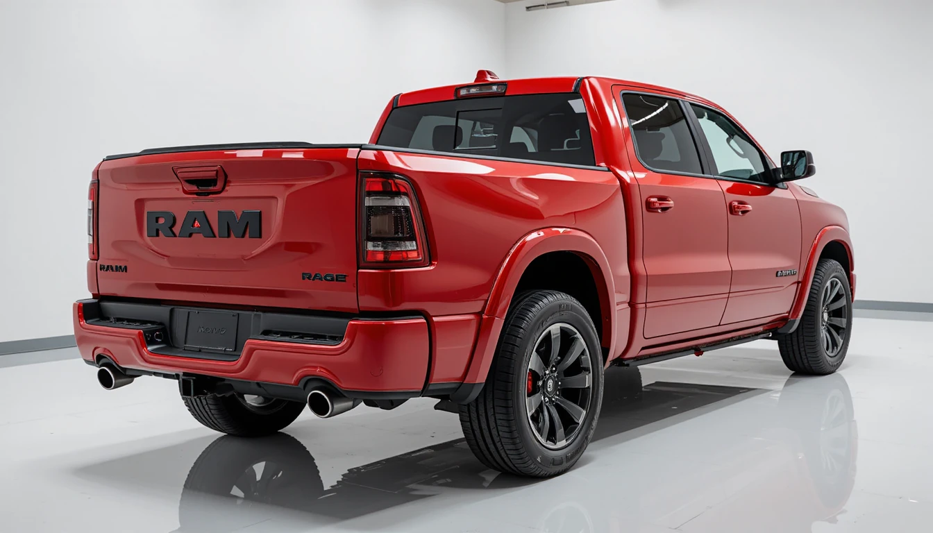 Red pickup truck displayed in a modern car showroom