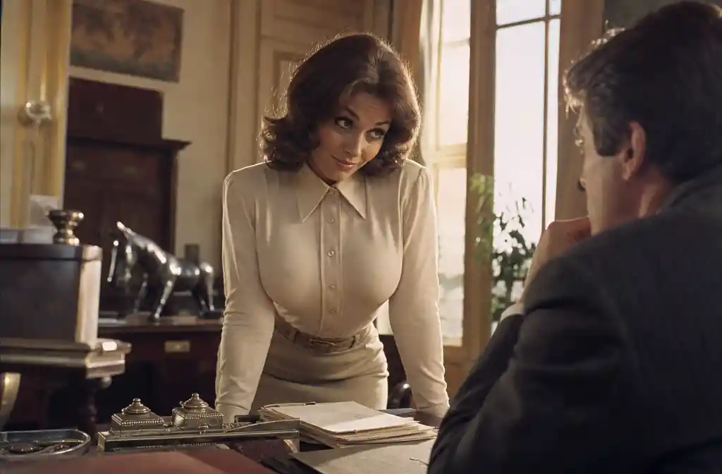 Elegant woman in an office with soft vintage cinematic light