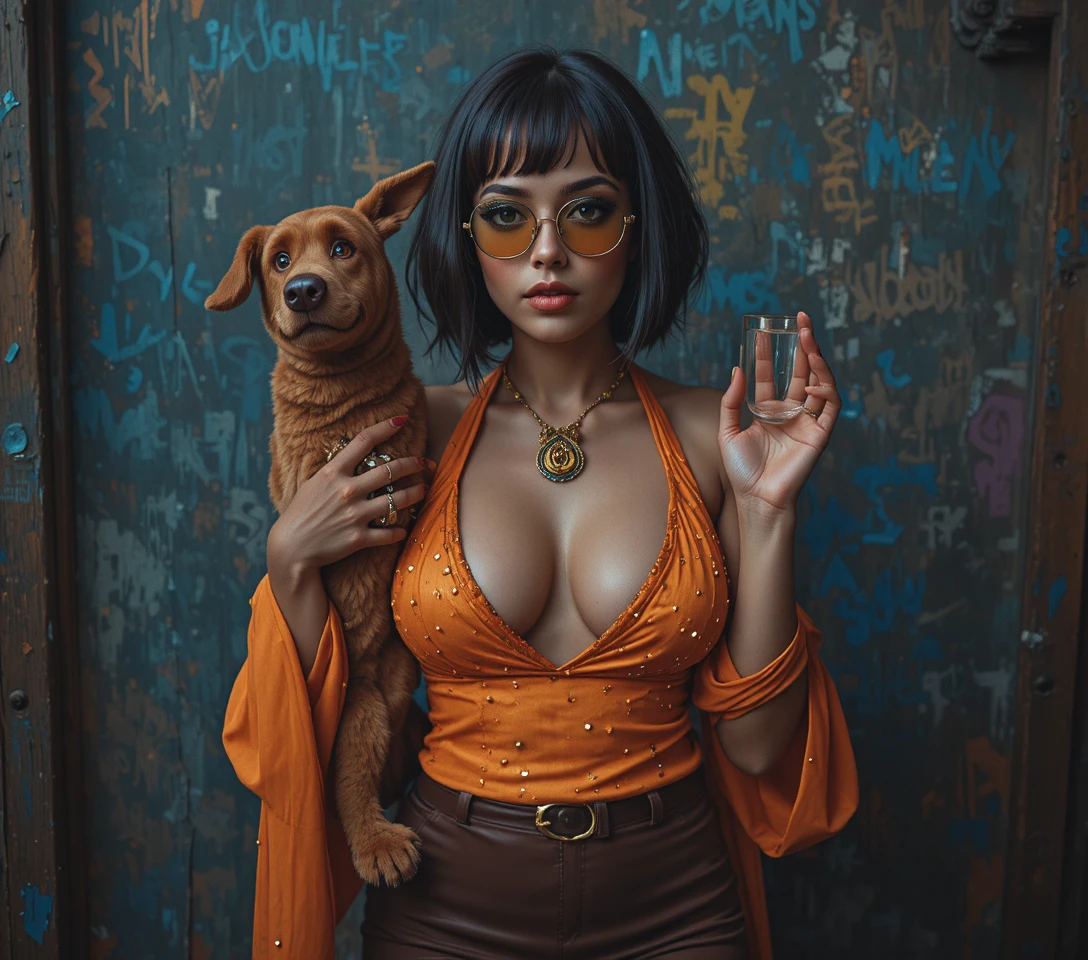 Brunette woman in orange sequin cosplay dress indoors