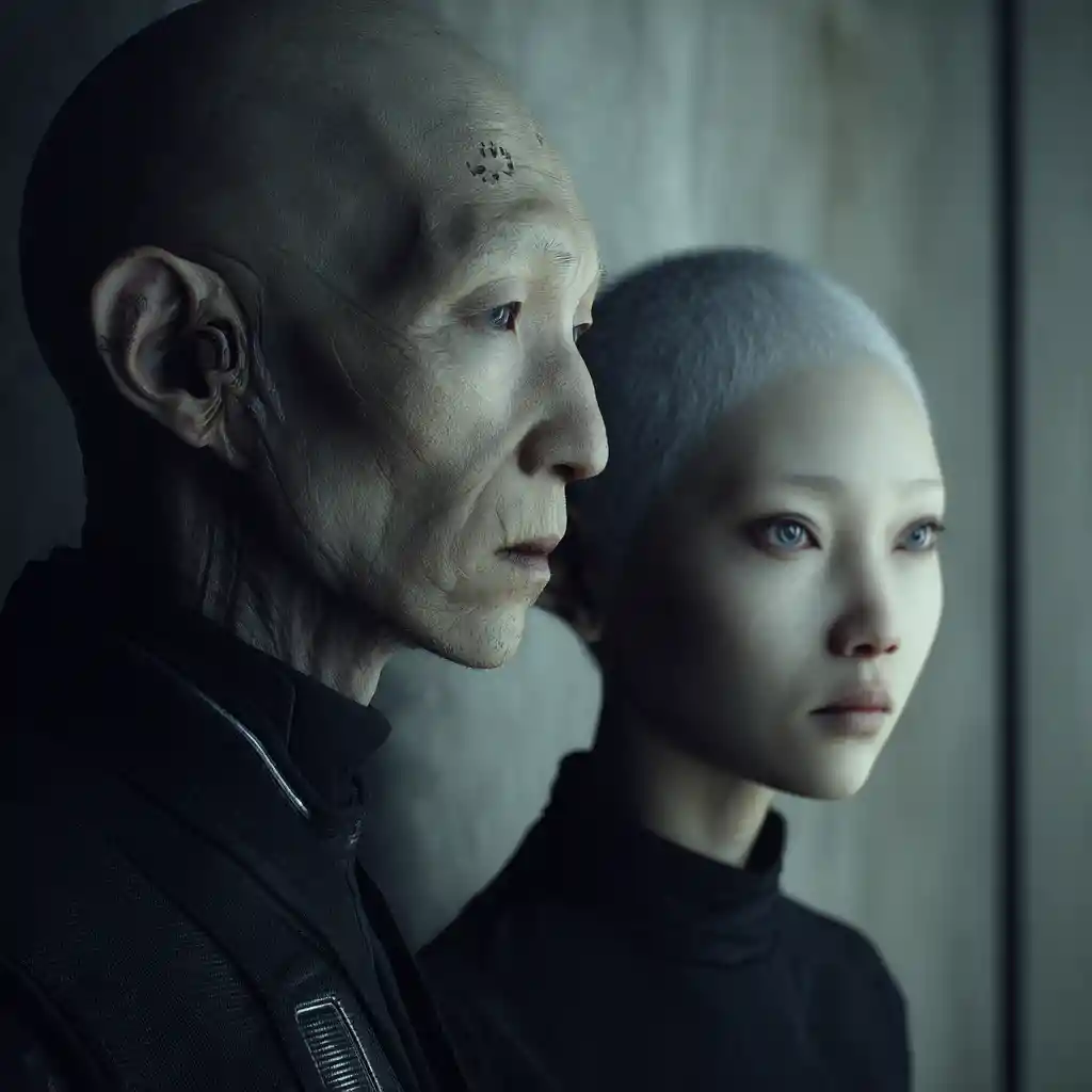 Asian girl and granddad in futuristic cyberpunk Los Angeles
