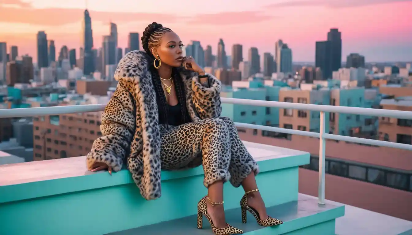 Stylish woman on balcony steps in glowing fur and leopard print