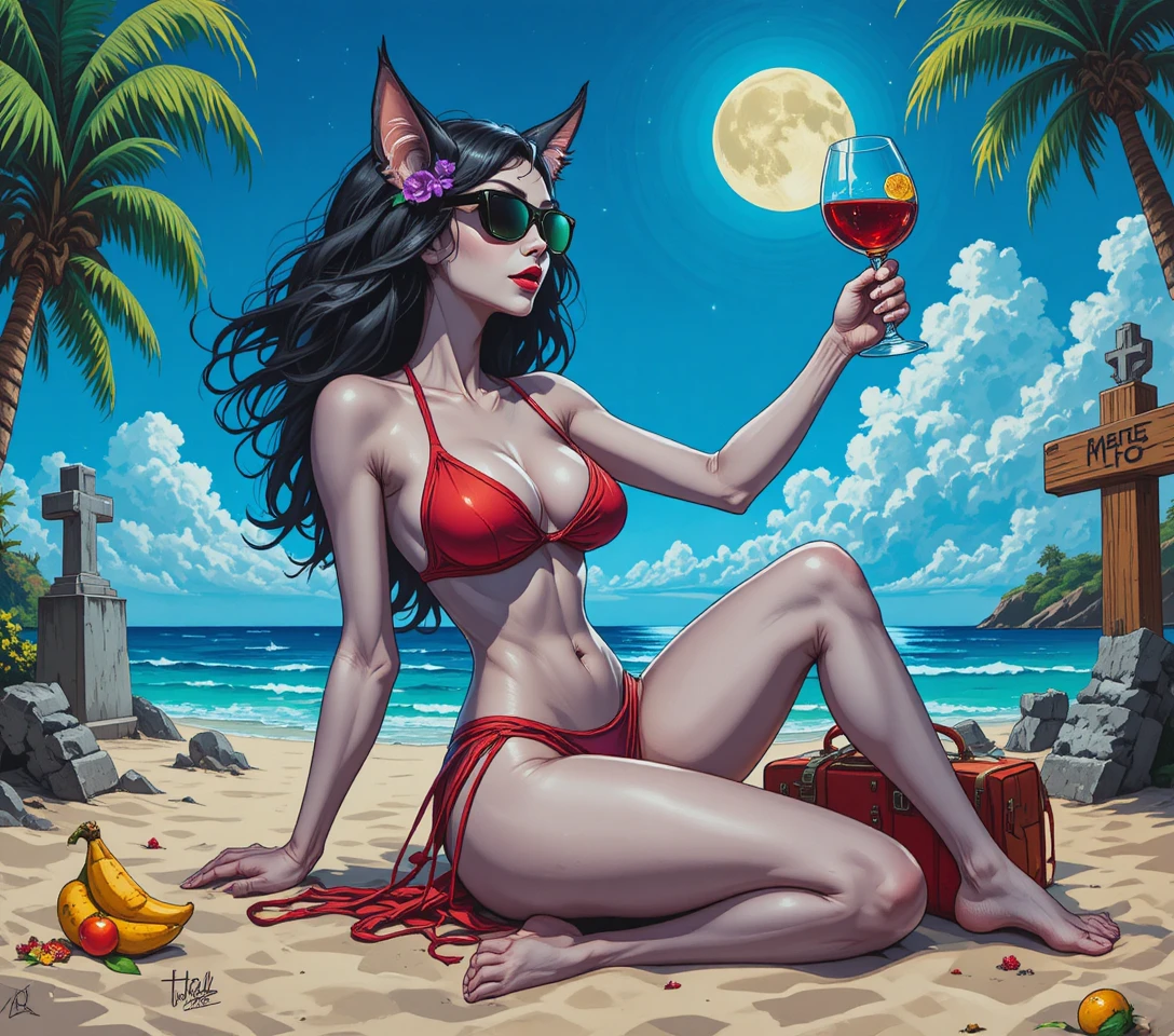 Anthropomorphic beach cat in colorful tropical vacation outfit