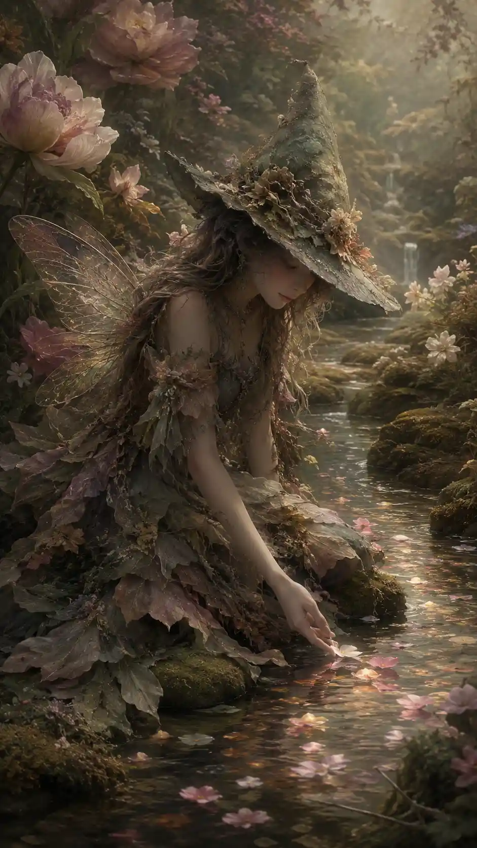 Young fairy by a glowing stream in flower garden