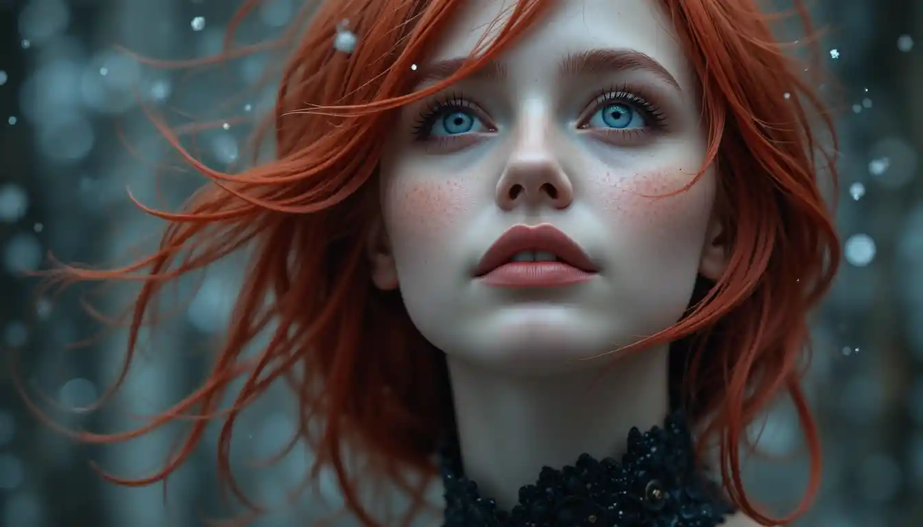 Red haired girl gazing upward in ethereal close up portrait