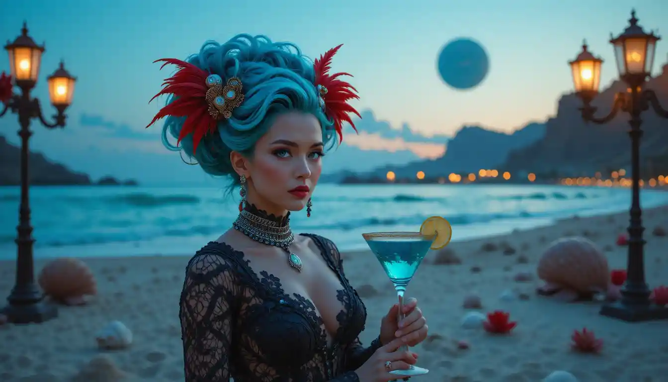 Two tropical cocktails on an alien beach at dusk