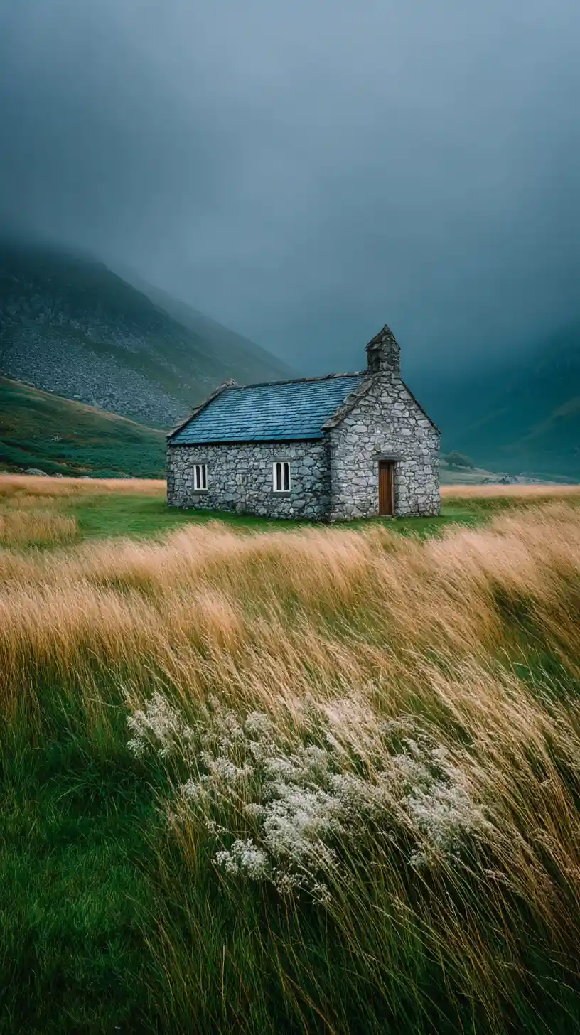 Foggy meadow and abandoned stone chapel at pale dawn