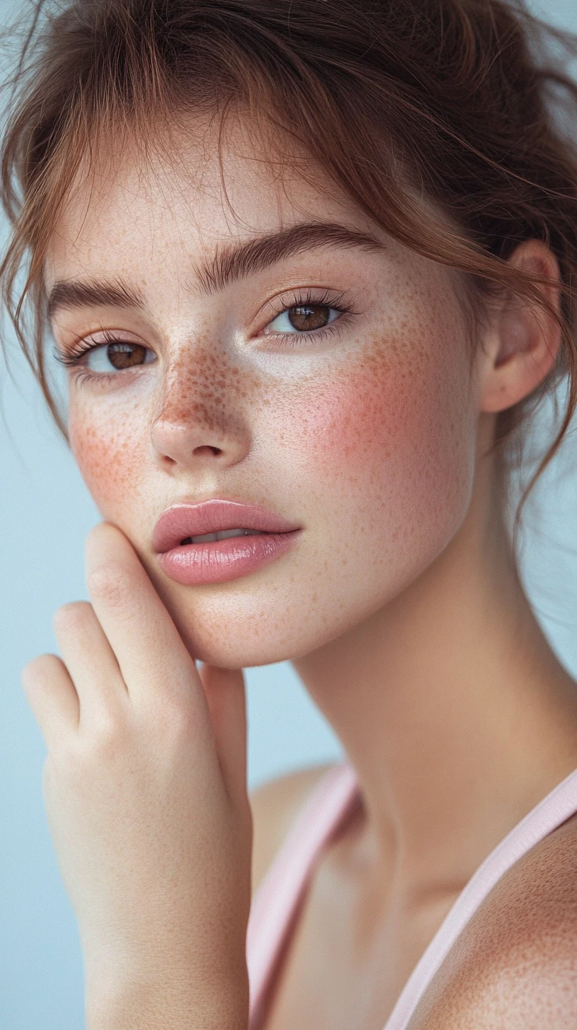 Retrato beauty en primer plano de una mujer pecosa con mirada suave