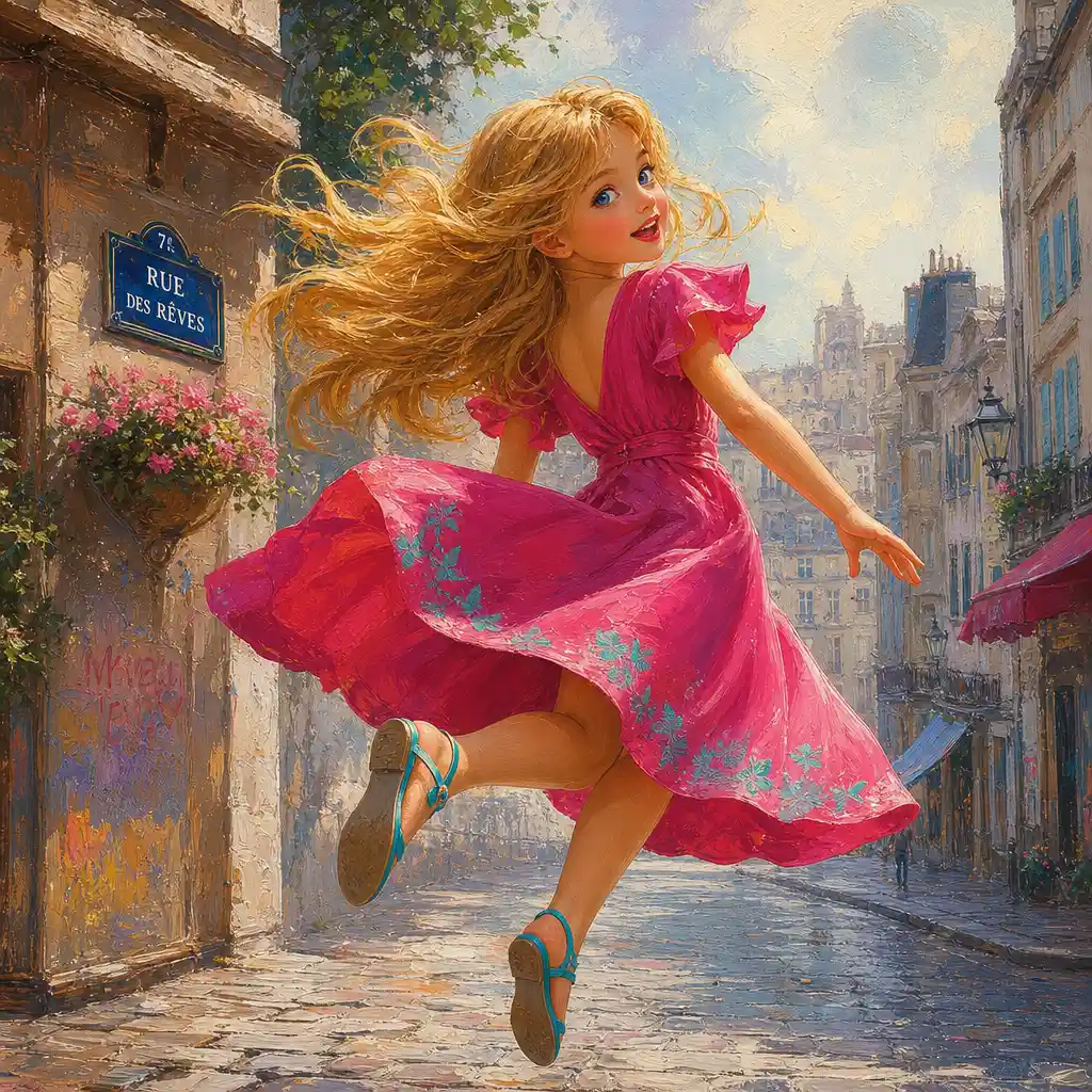 Golden haired girl leaping on a city street in pink dress