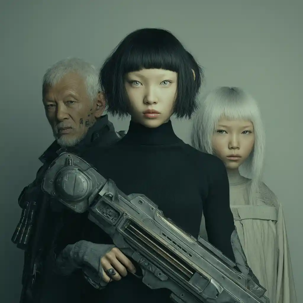 Futuristic woman holding quantum energy weapon in spaceship