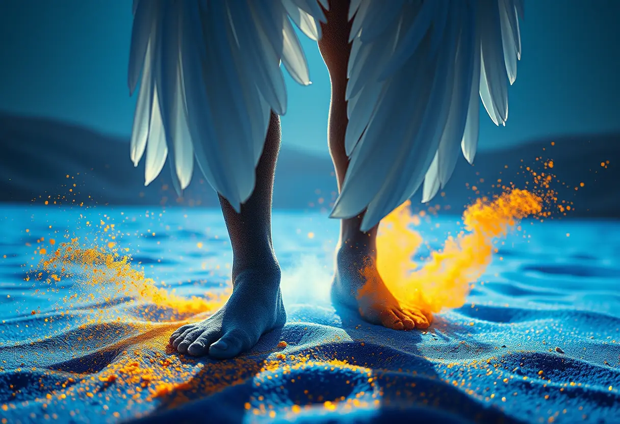 Piedi di angelo su polvere blu luminosa in un deserto che si ripiega