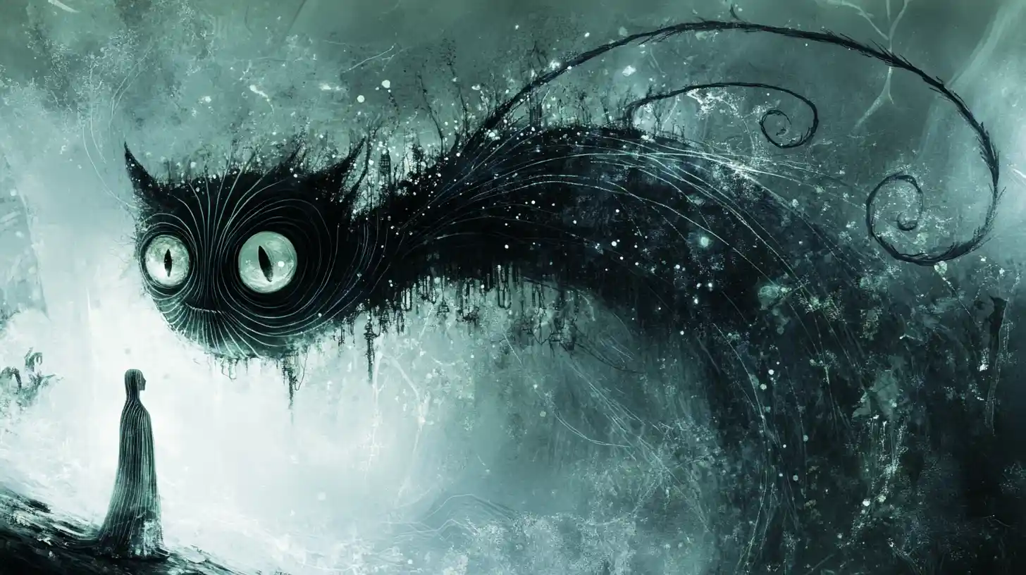 Striped surreal creature splitting beside calm elongated figure