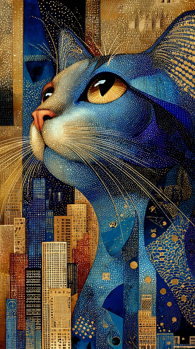 Stylized cats against a dotted watercolor city skyline