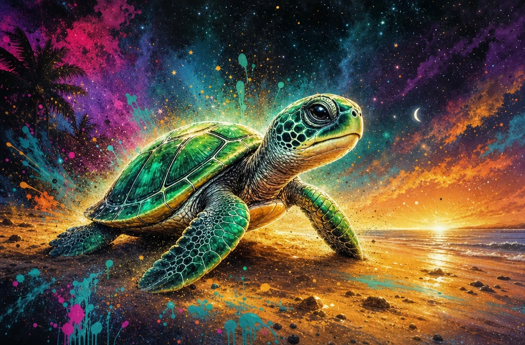 Cute green sea turtle hatchling on glowing sandy beach