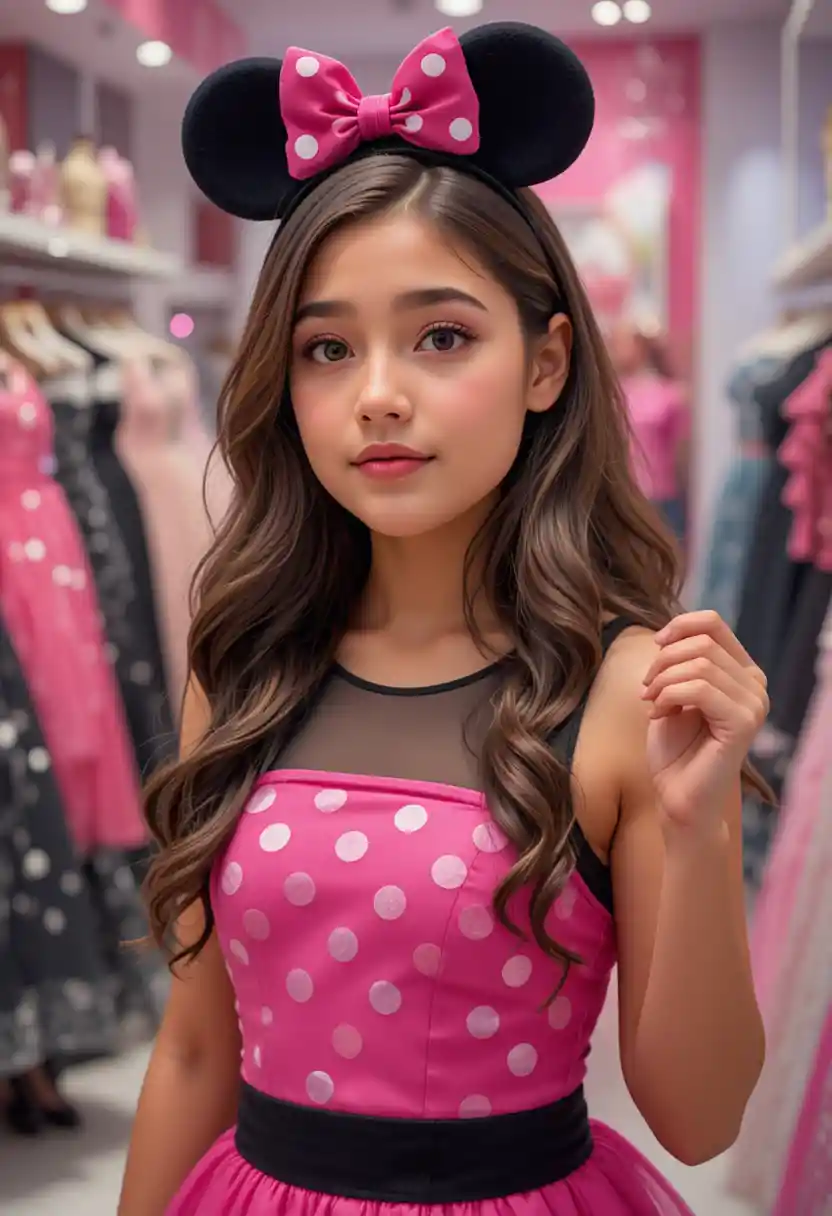 Woman holding a hot pink Minnie dress in boutique