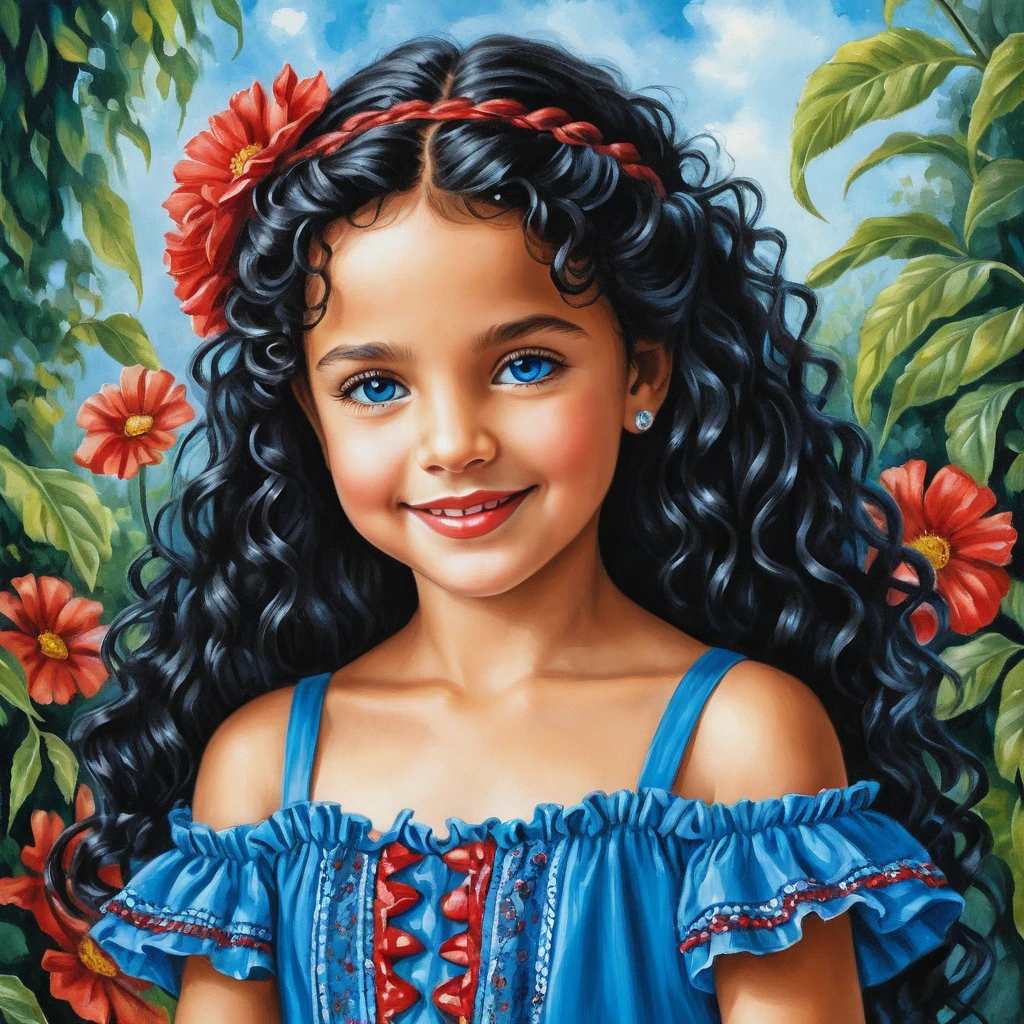 Smiling girl in blue summer dress with long braided hair
