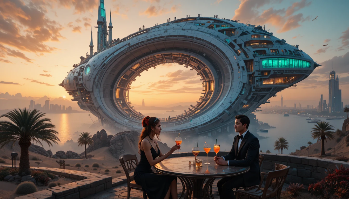Futuristic Spaceship City Floating Above Neon Lit Clouds