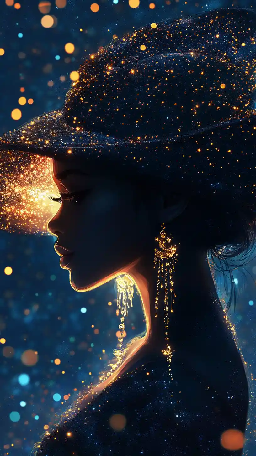 Golden hat fantasy woman in close up night sky silhouette