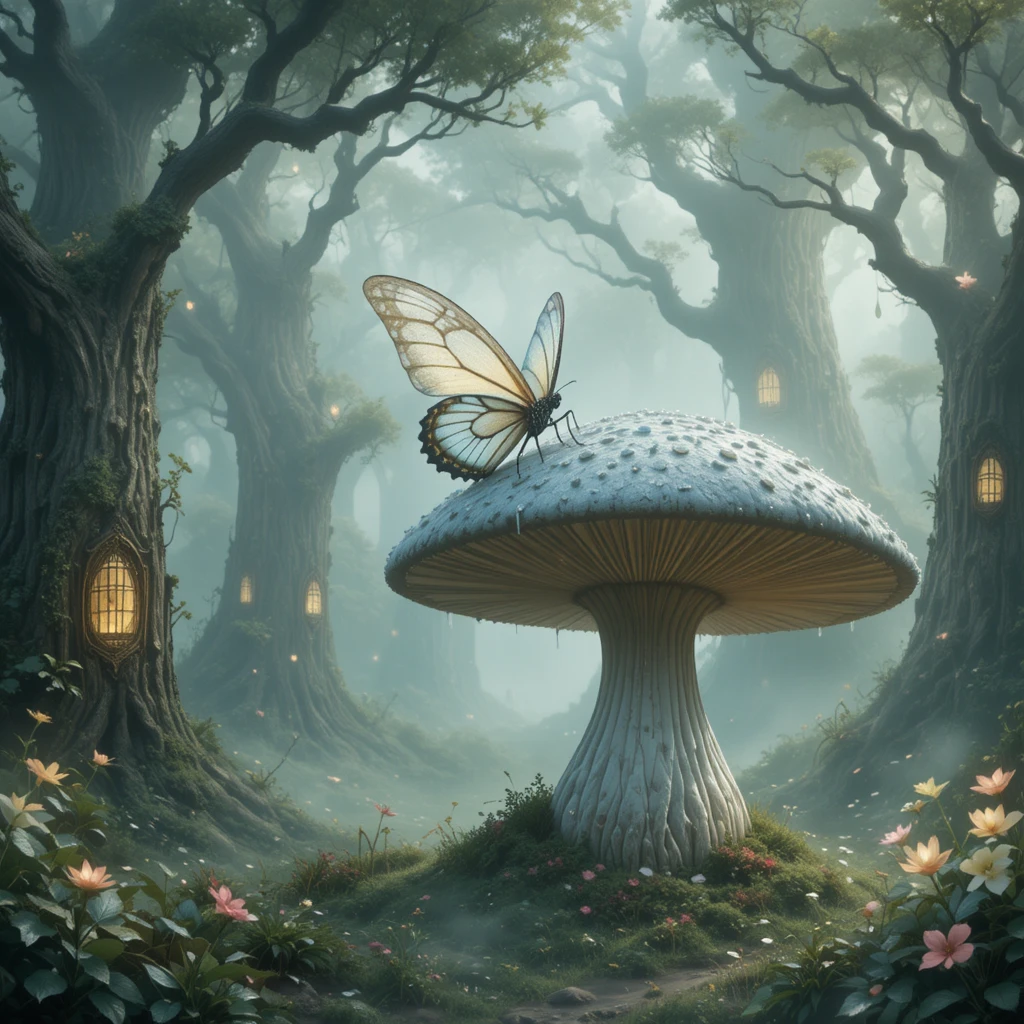 Whimsical butterfly resting on a dewdrop mushroom in forest glade