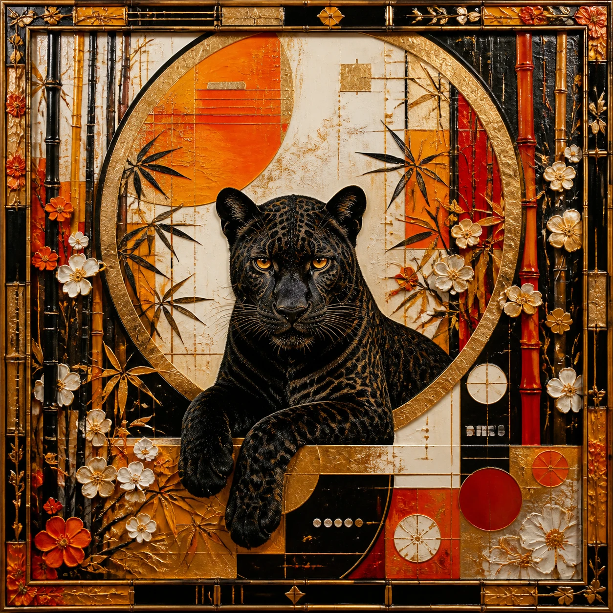 Abstract painting of a black leopard in a bamboo garden