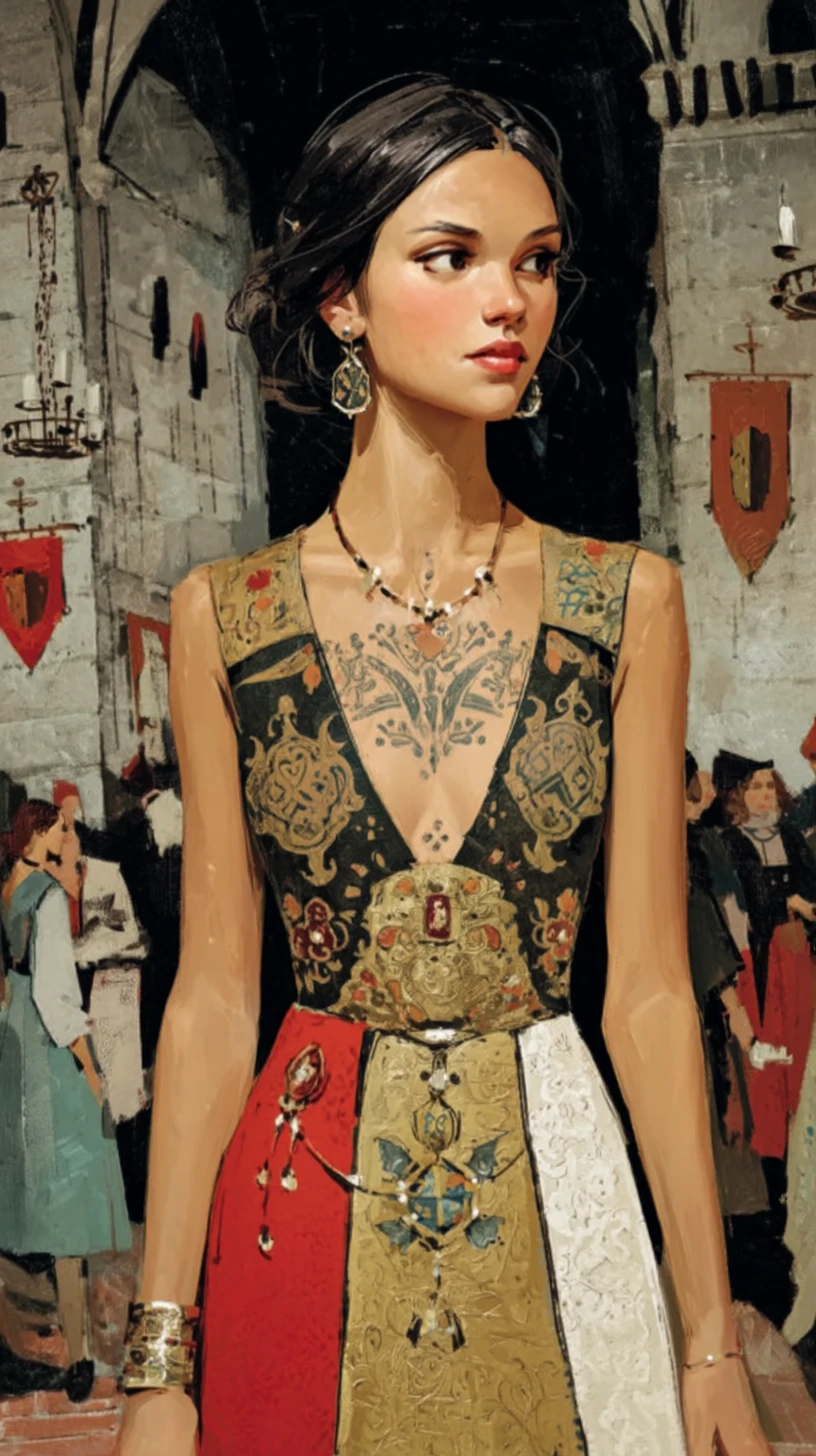 Medieval noblewoman with ornate chest tattoo in grand hall