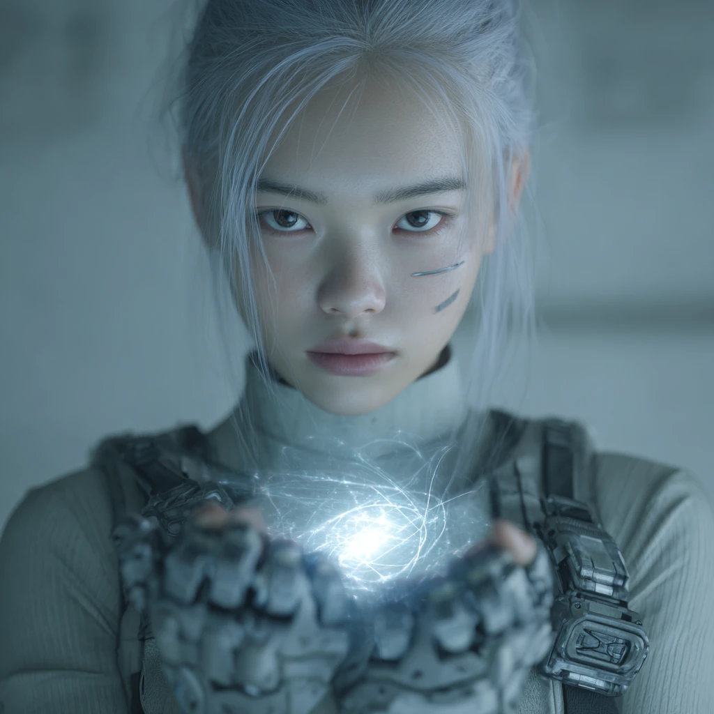 Futuristic woman holding a glowing quantum weapon in studio