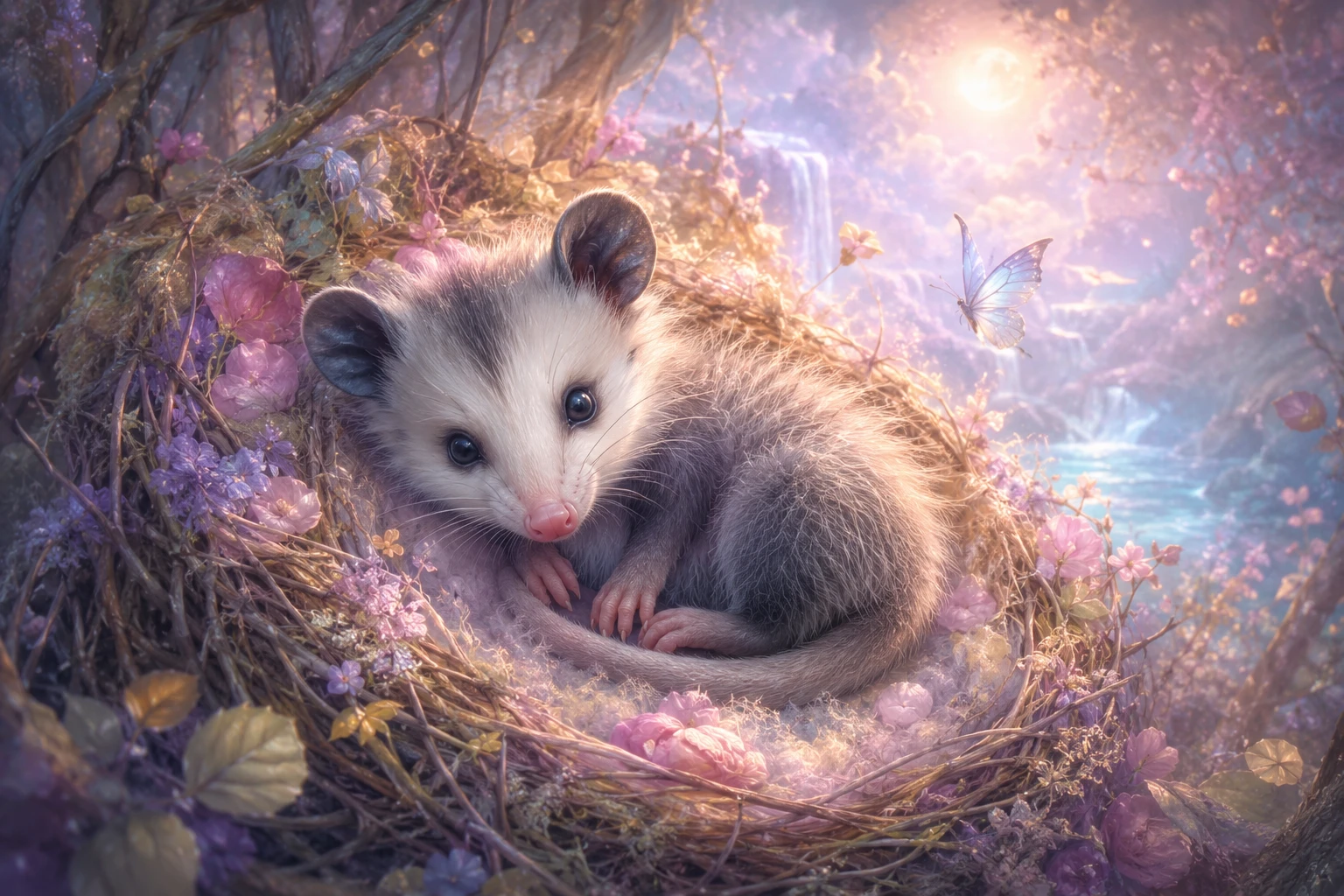 Baby opossum curled in a glowing pastel forest nest