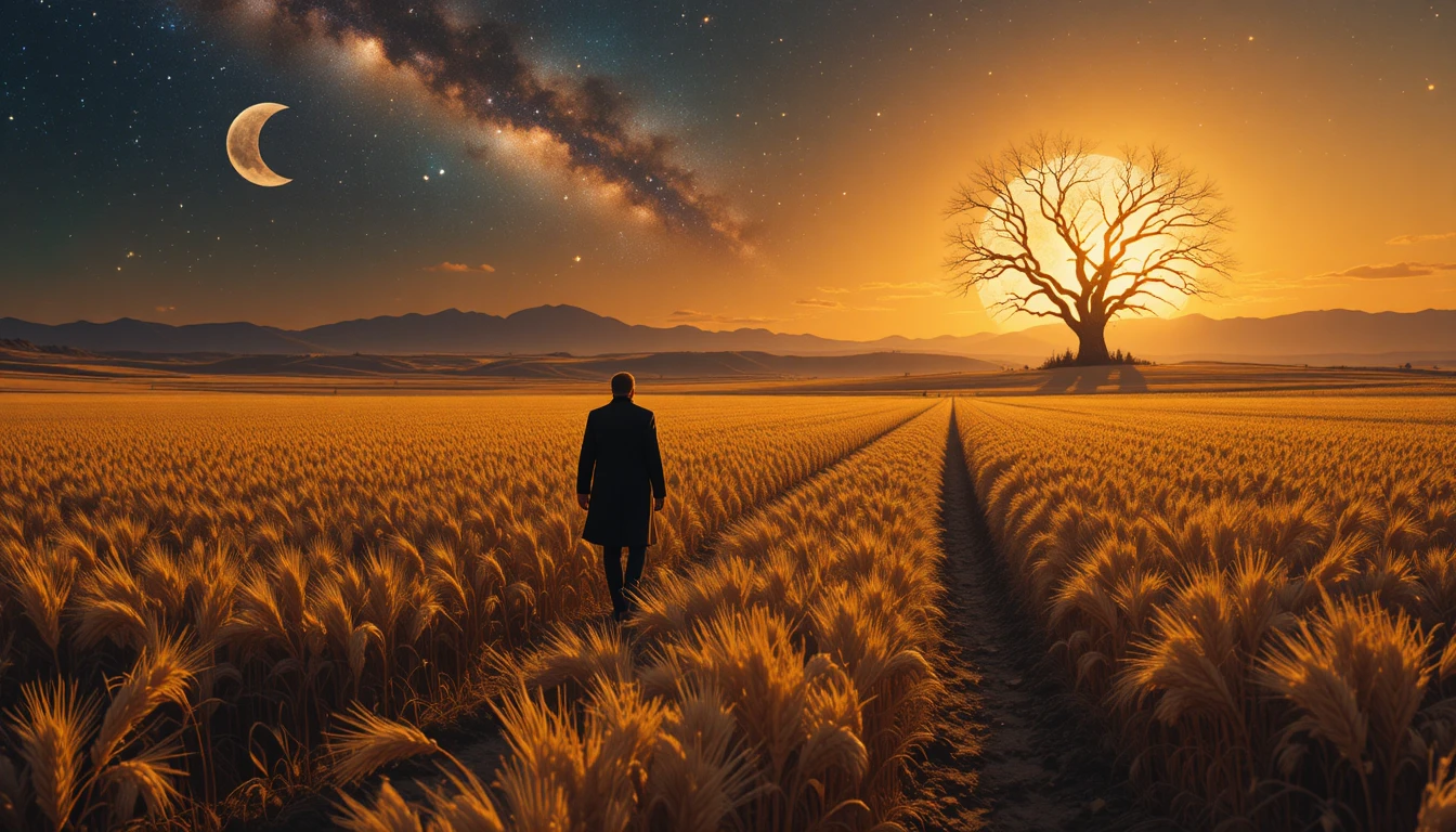 Person and dog walking through golden wheat at sunset