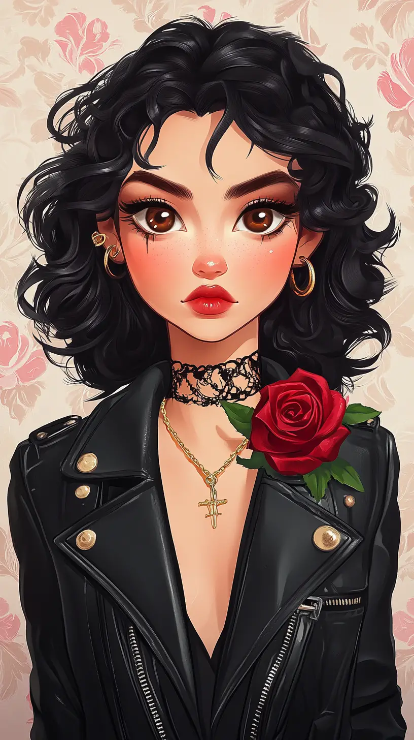 Edgy anime girl in black leather jacket with red rose