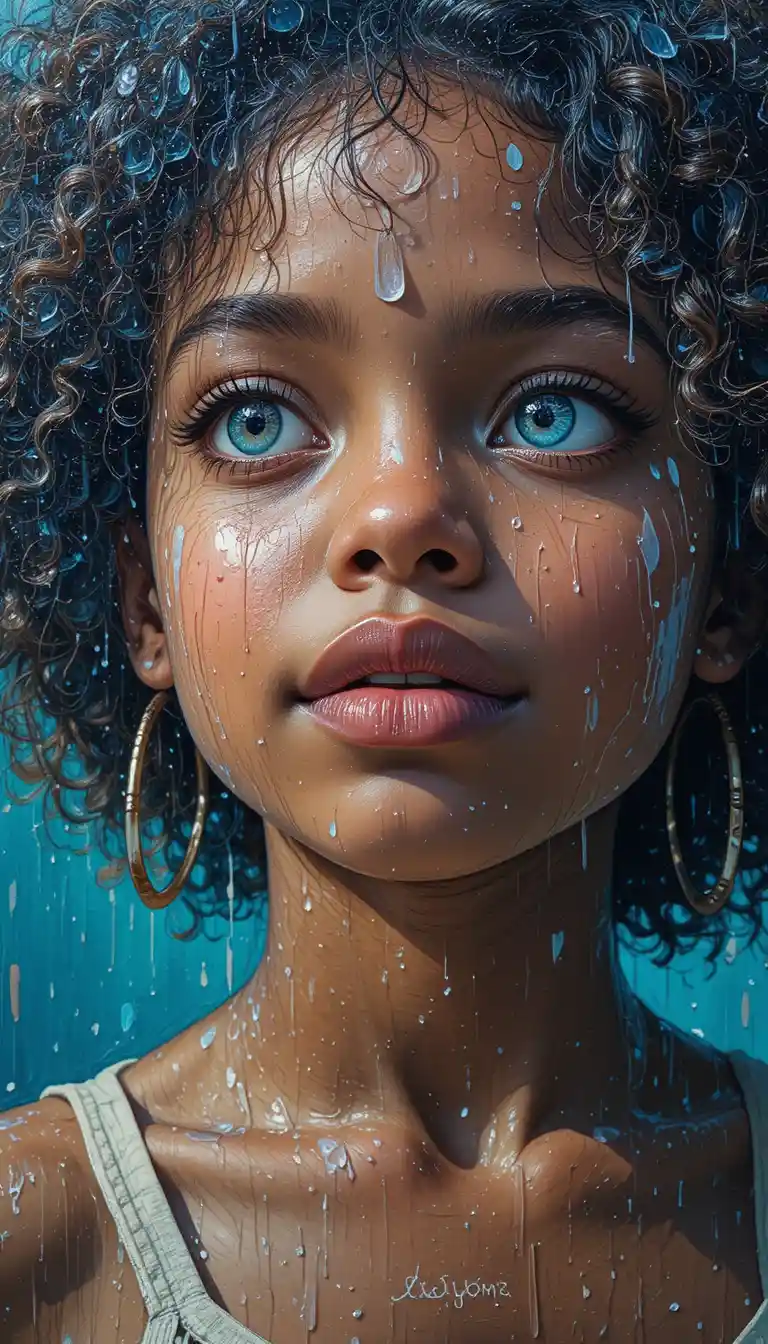 Close up impasto painting of hopeful baby afro girl