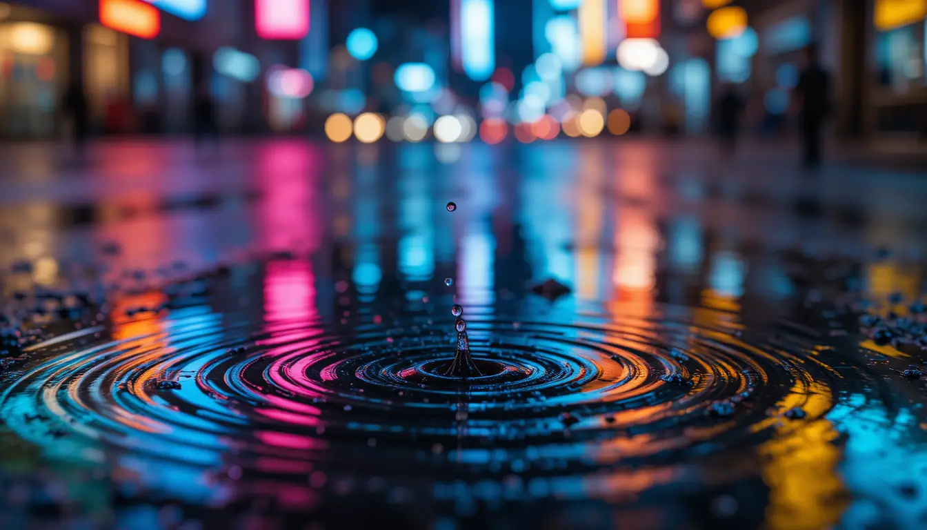 Neon reflections on rippling dark water at street level