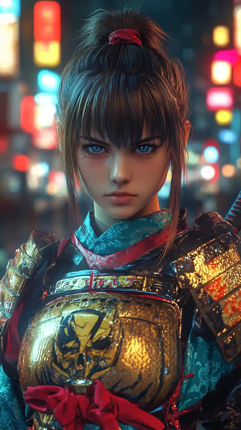 Anime samurai girl in golden armor on neon city street