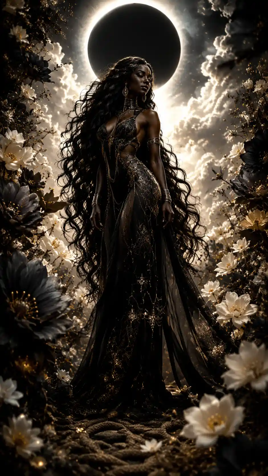 Mystical woman beneath a vast black moon in clouds