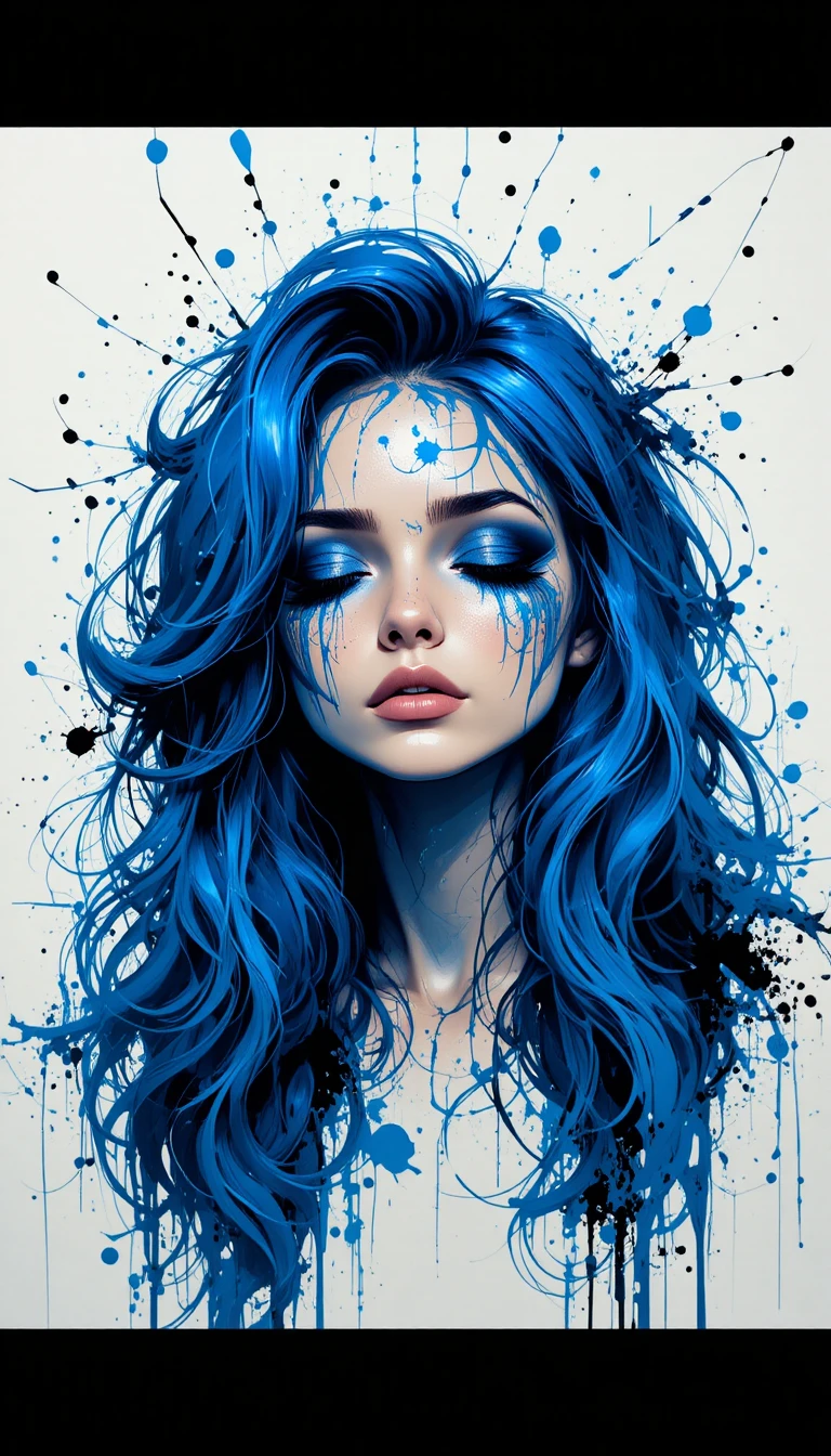 Relaxed blue haired chick with abstract splattered paint