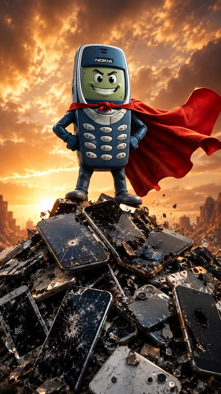 Anthropomorphic Nokia phone superhero atop broken smartphones