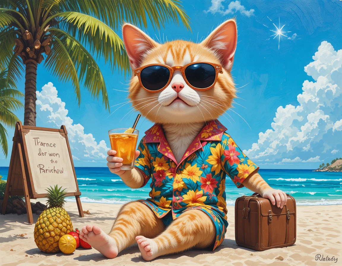 Anthropomorphic beach cat in sunglasses and Hawaiian shirt