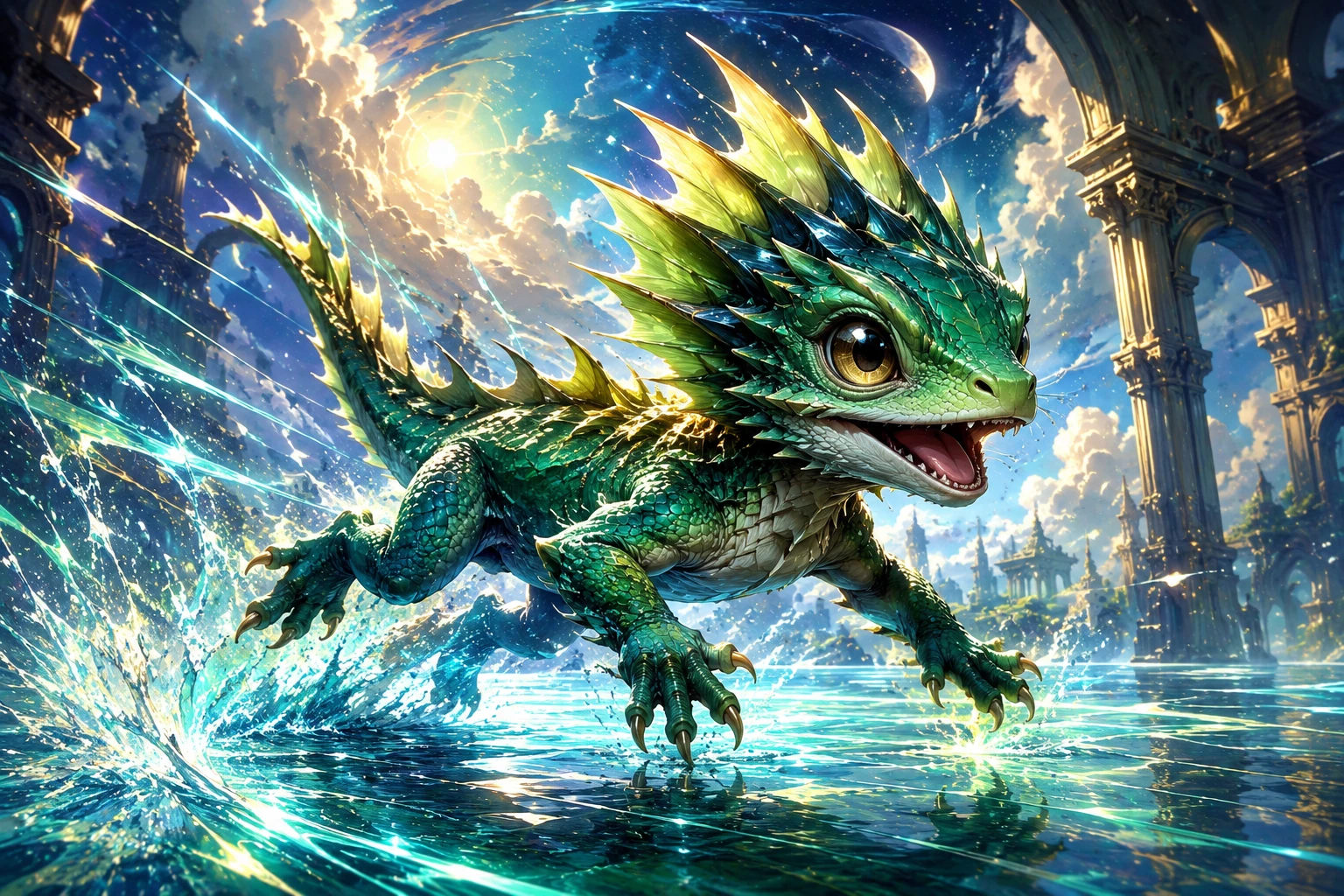 Cute baby lizard sprinting across glowing magical water