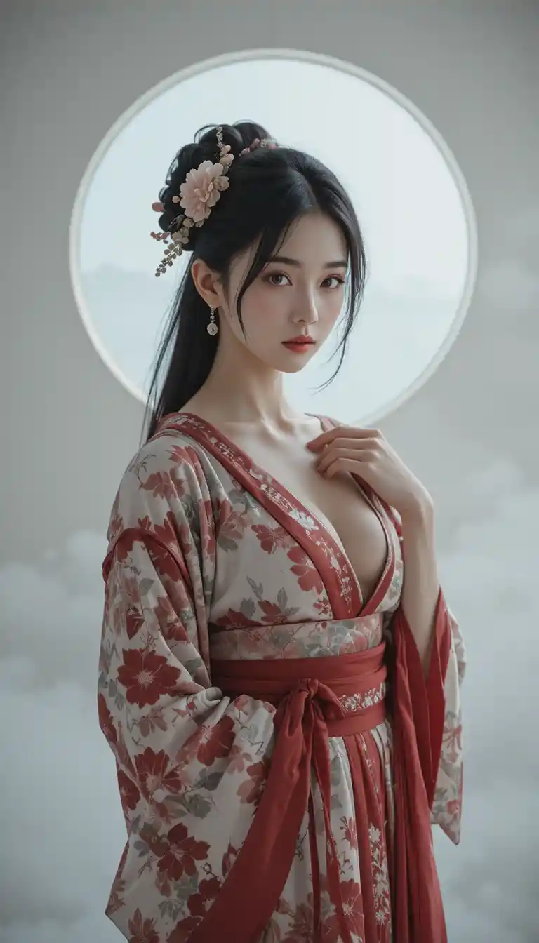 Ethereal Japanese woman in soft light kimono portrait