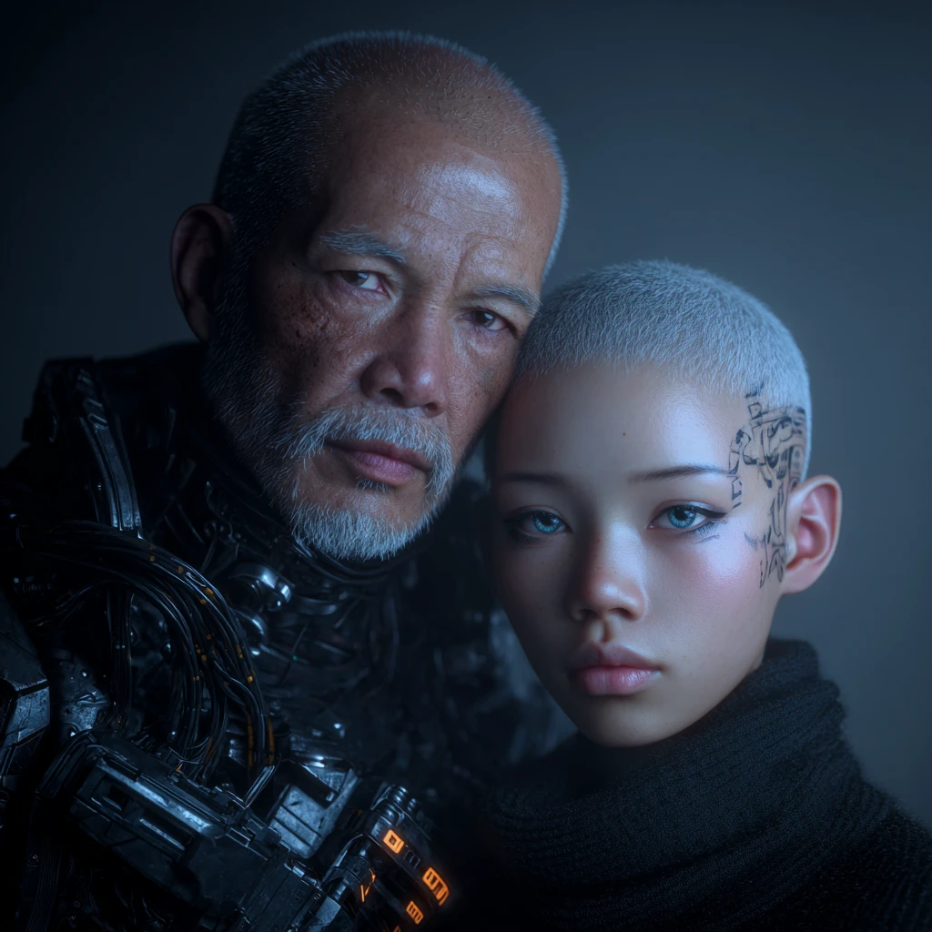 Futuristic woman in glowing energy chamber portrait