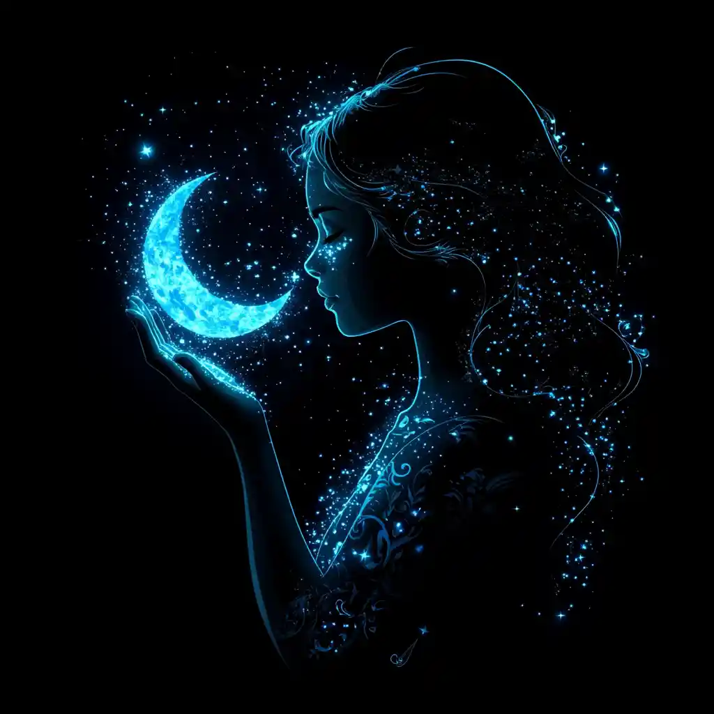 Glowing girl silhouette holding a crescent moon in space