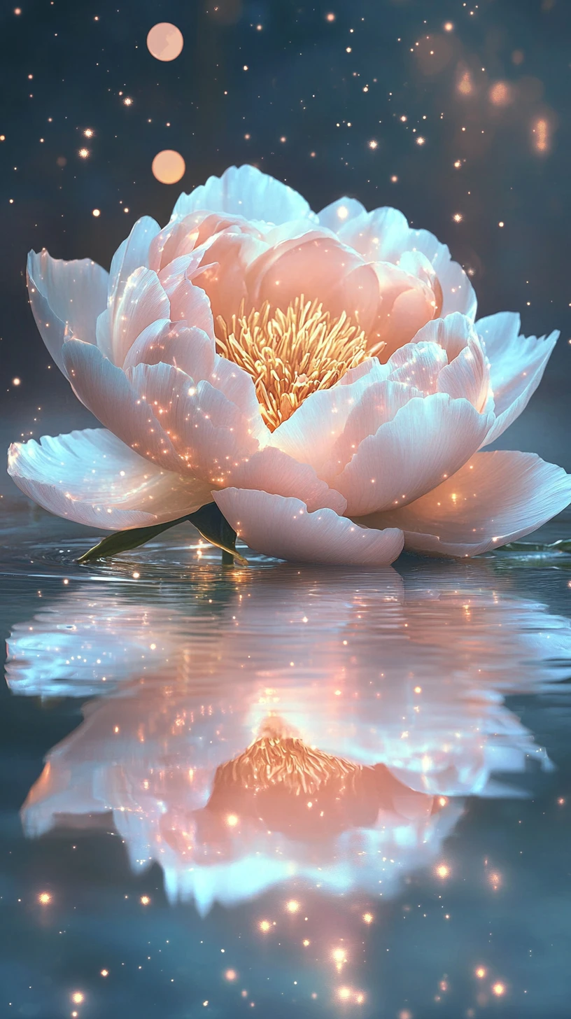 Blooming peony floating on reflective water in dreamy night