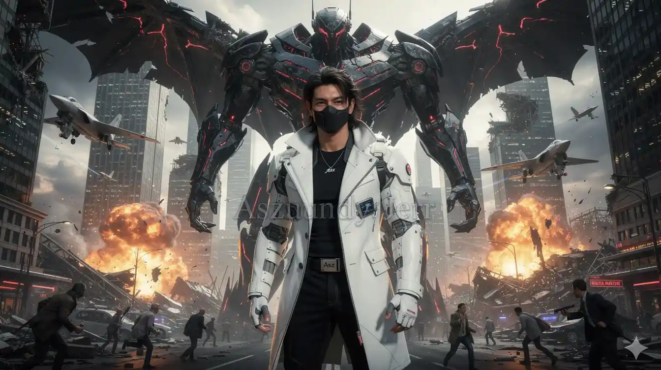 Masked man before colossal mech in ruined megacity