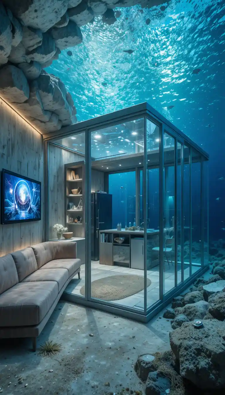 Underwater glass building with furnished modern interior
