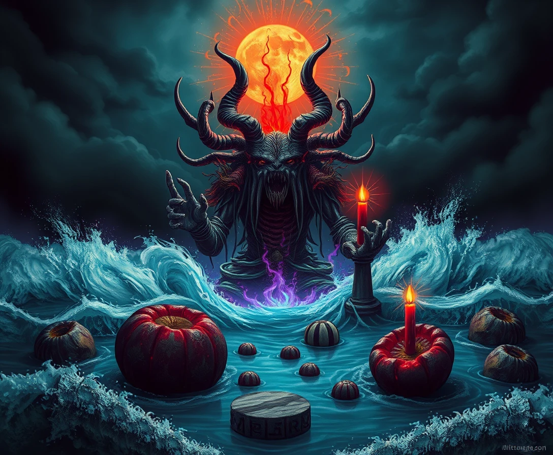 Grim reaper ritual with mystical aura by the crashing sea