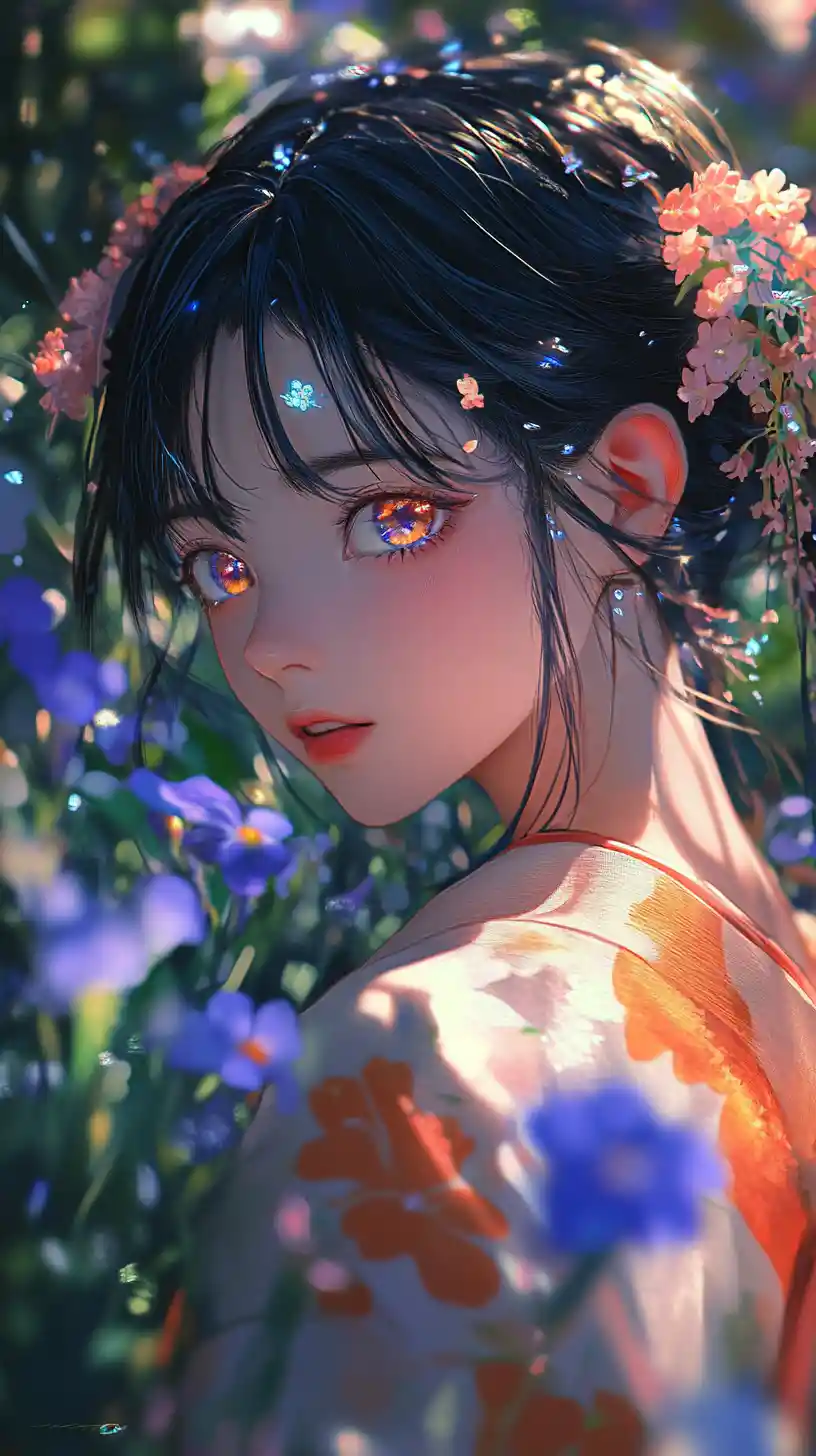 Anime girl in yukata gazing back in a flower garden