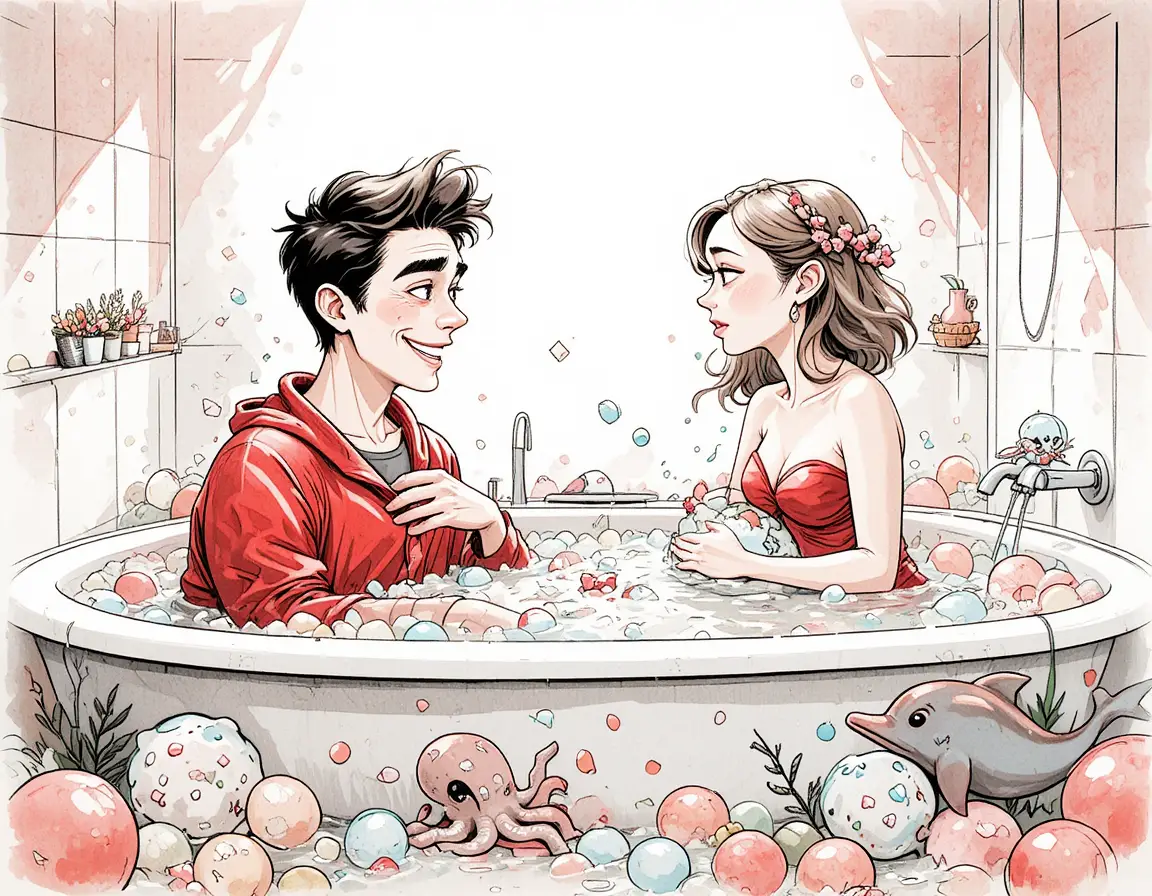 Playful couple chatting in a comic style bathroom scene